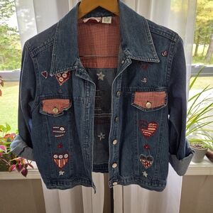 Embroidered Denim Jacket with Heart Accents
